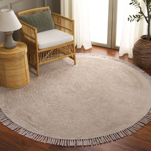 Easy Care 3 ft. x 3 ft. Beige Modern Solid Fringe Round Area Rug