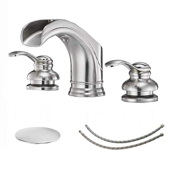BWE 8 in. Waterfall 2-Handle Bathroom Widespread Sink Faucet With Pop-up Drain Assembly in Spot Resist Brushed Nickel