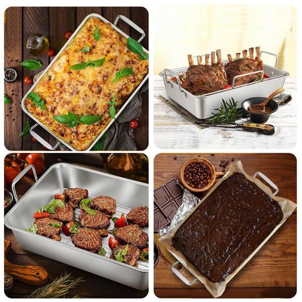 Stainless Steel Roasting Pan With Lids - Heavy Duty Rectangular Baking Sheet For Oven, BBQ & Grilling-287489