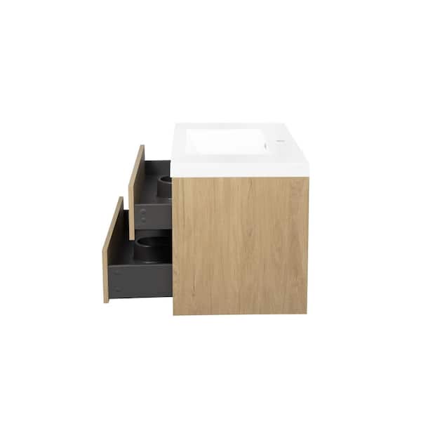 Haven 35 in. Modern Floating Natural Oak Bath Vanity with White Resin Top, Drawers