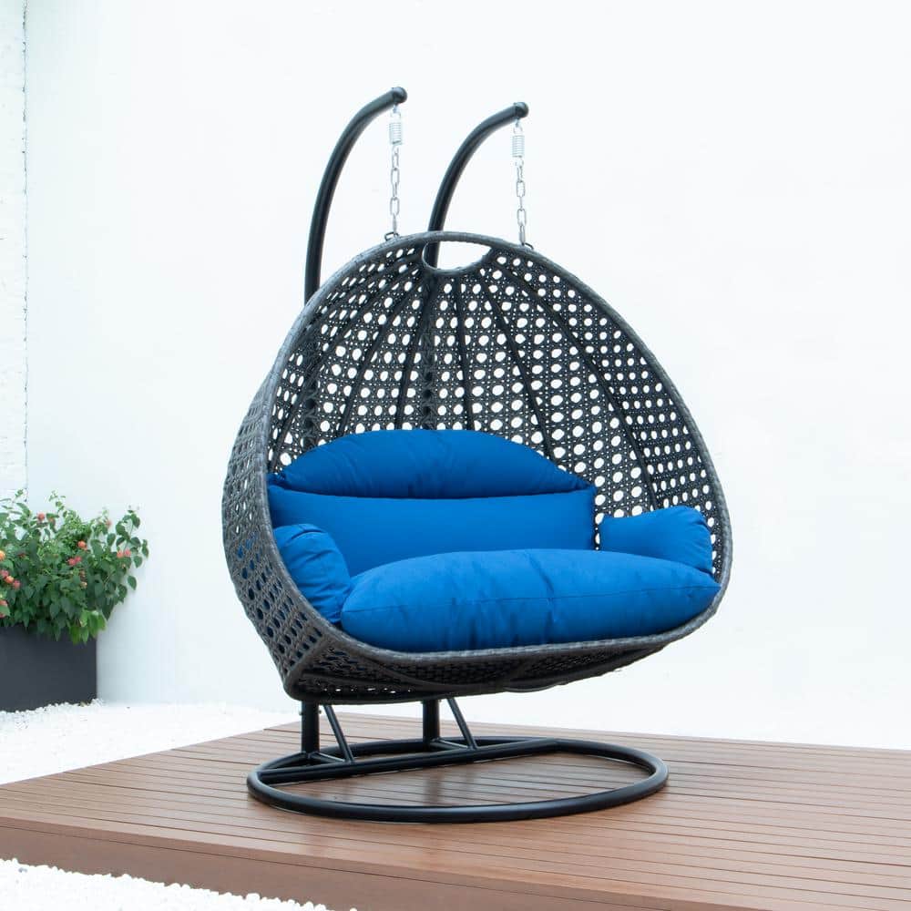 Charcoal Wicker Hanging Egg Chair with Blue Cushions