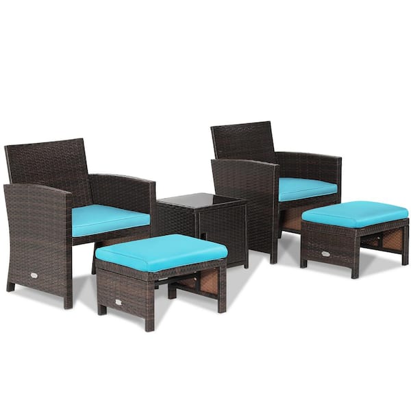 Costway 5-Piece Patio Rattan Furniture Set Ottoman Cushion with Cover Space Saving Turquoise