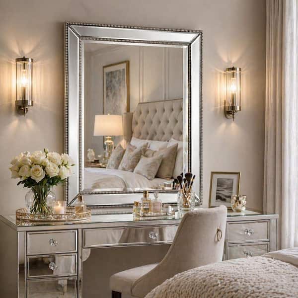 30 in. W x 42 in. H Framed Rectangular Beveled Edge Bathroom Vanity Mirror in Champagne Silver