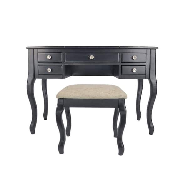 Benjara Cherub Black Vanity Set Featuring Stool and Mirror
