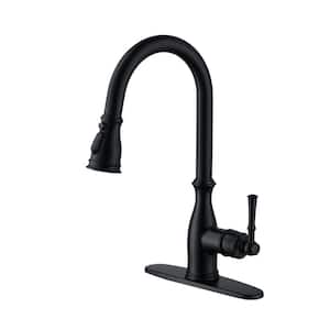 3-Spray Patterns Single Handle Pull Down Sprayer Kitchen Faucet with Deck Plate and Ceramic Cartridge in Matte Black
