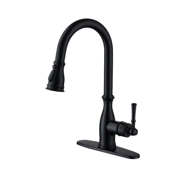 Boyel Living 3-Spray Patterns Single Handle Pull Down Sprayer Kitchen Faucet with Deck Plate and Ceramic Cartridge in Matte Black