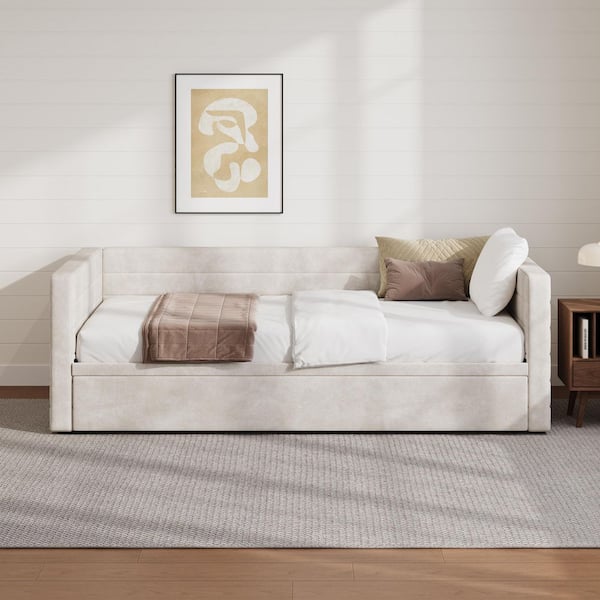 Regina Beige Chenille Fabric Upholstered Twin Size Extendable King Size Daybed with Trundle, 2-Storage Drawers