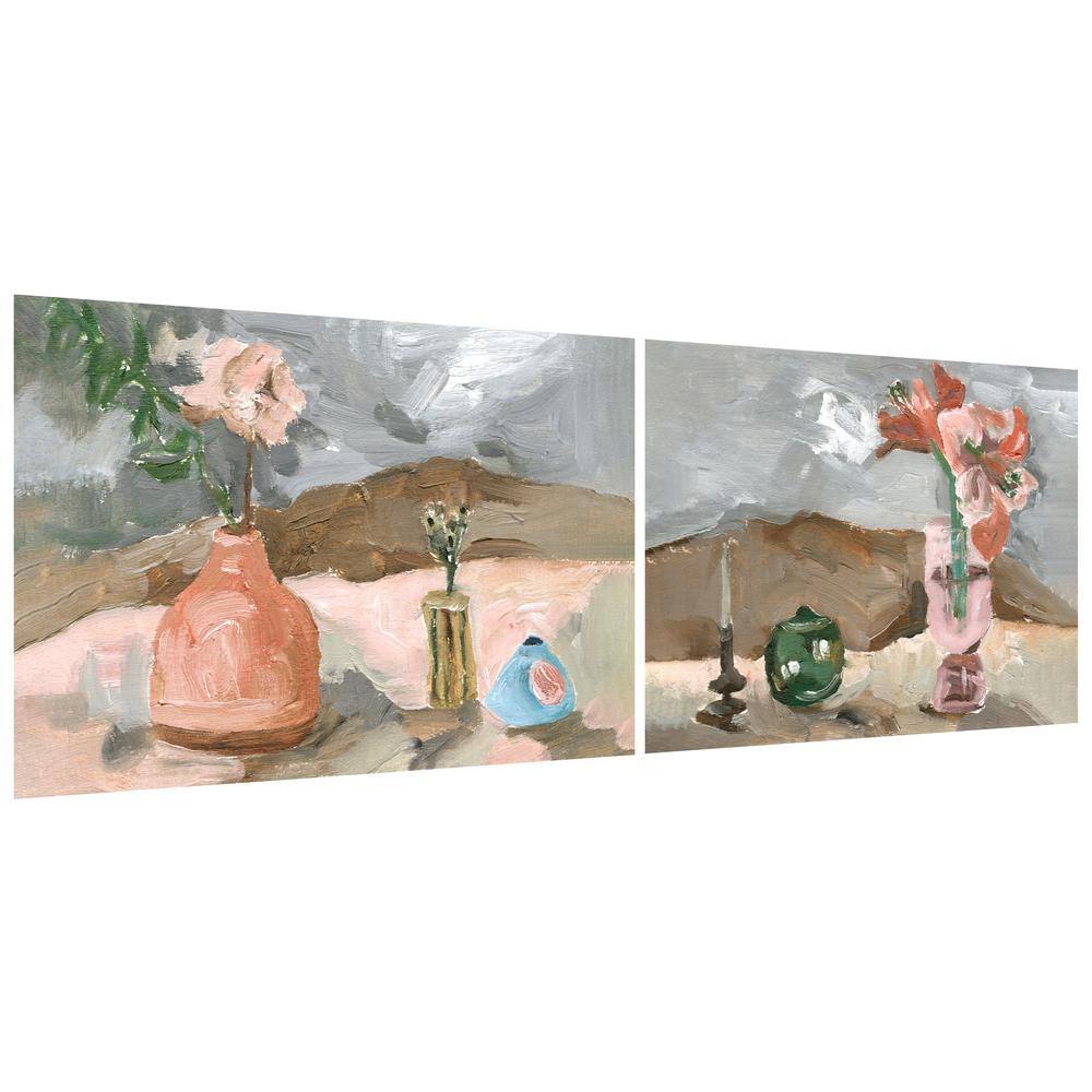 Rustic Still Life Pink Vase and Green Teapot Glass Wall Art Set