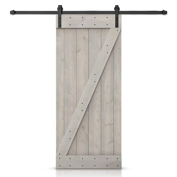 CALHOME Z Series 26 in. x 84 in. Silver Gray Stained DIY Knotty Pine Wood Interior Sliding Barn Door with Hardware Kit