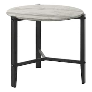 23.5 in. White and Black Round Faux Marble End Table with Metal Frame