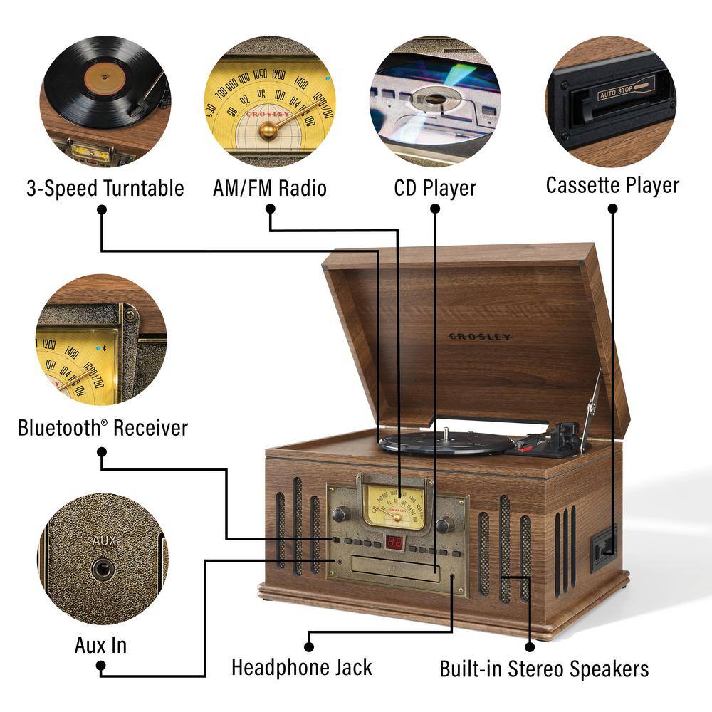 Walnut Vintage Style 8-in-1 Record Player with Bluetooth