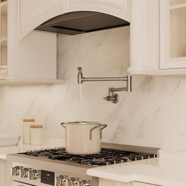 Wall Mount Retractable 360° Swivel Pot Filler Kitchen Faucet Dual Handle 1.8 GPM in Brushed Nickel