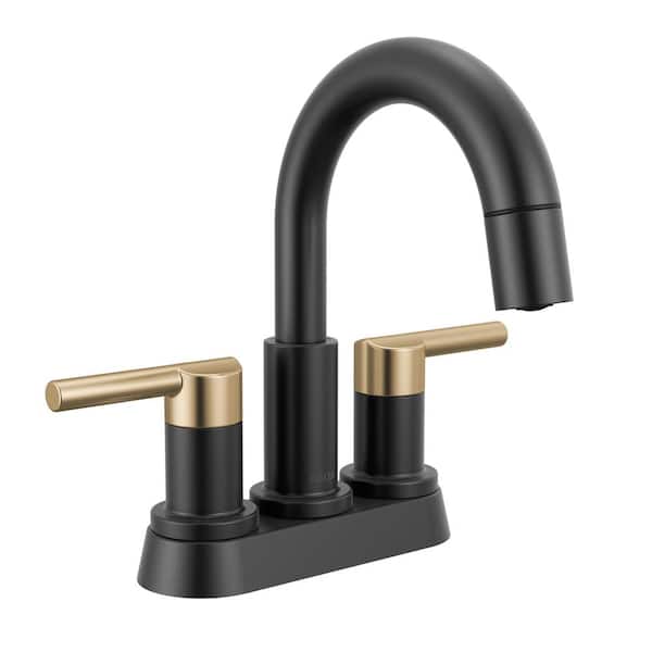 Delta Nicoli 4 in. Centerset Double Handle Pull-Down Spout Bathroom Faucet in Matte Black / Champagne Bronze