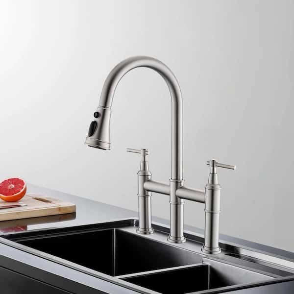 Double Handle Bridge Pull Down Sprayer Kitchen Faucet in Brushed Nickel
