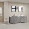 Brescia 84 inch double sink freestanding gray bathroom vanity with white ceramic top and mirrors in a room setting.