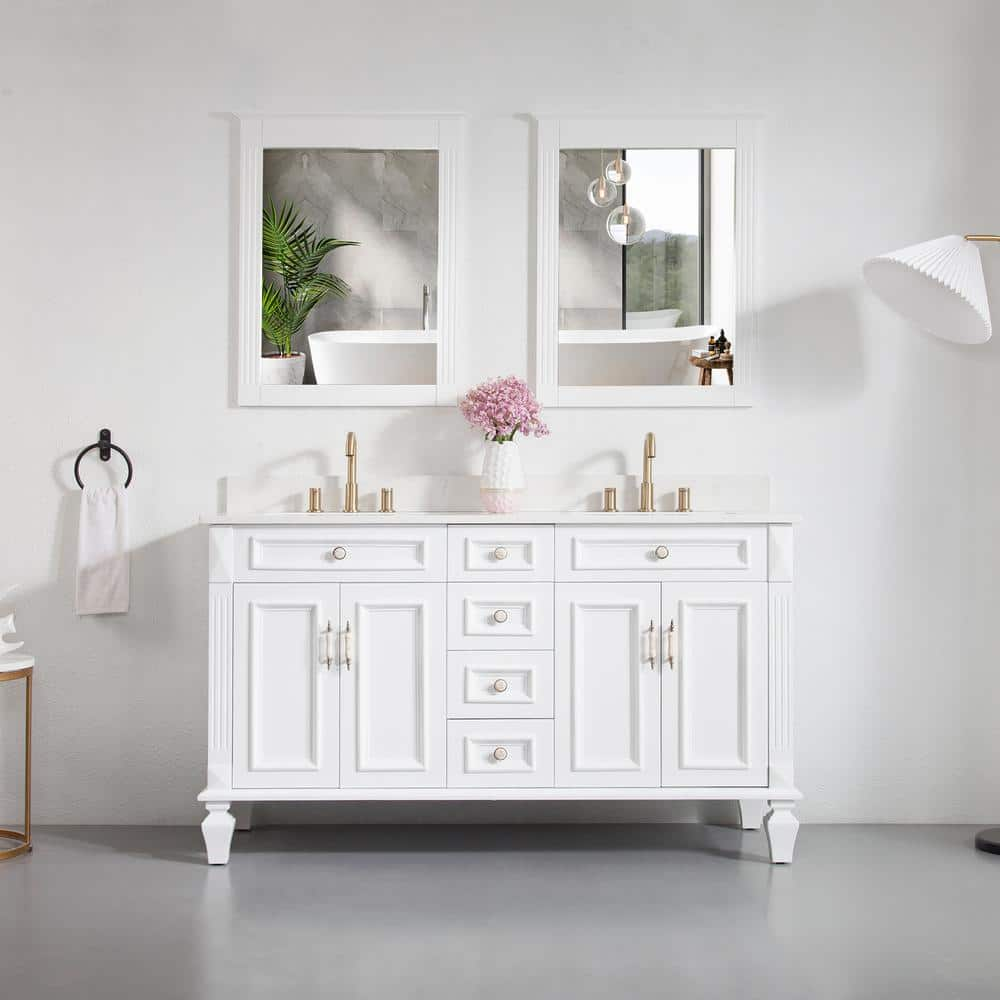 ANGELES HOME 60 in. W x 22 in. D x 35 in. H Double Sink Solid Wood Bath ...