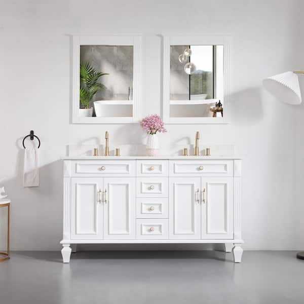 ANGELES HOME 60 in. W x 22 in. D x 35 in. H Double Sink Solid Wood Bath Vanity in White with Stain-Resistant Quartz Top and 2 Mirror