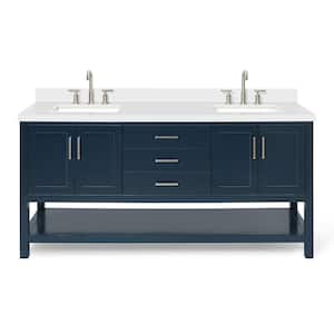 Magnolia 73 in. W x 22 in. D x 36 in. H Bath Vanity in Midnight Blue with White Pure Quartz Vanity Top with White Basins