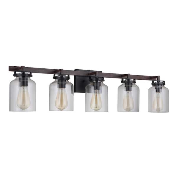 CRAFTMADE Foxwood 36.88 in. 5-Light Flat Black/Dark Teak Finish Vanity Light with Clear Glass