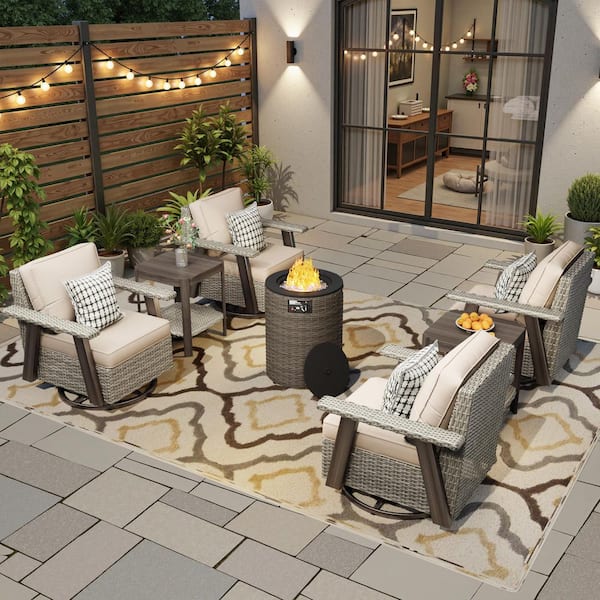 7-Piece Fire Pit Patio Set Wicker Outdoor Patio Conversation Set with Swivel Rocking Chairs and Beige Cushions