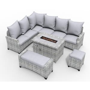Maxwell 5-Piece Gray Wicker Patio Conversation Set Outdoor Firepit Table with Gray Cushions