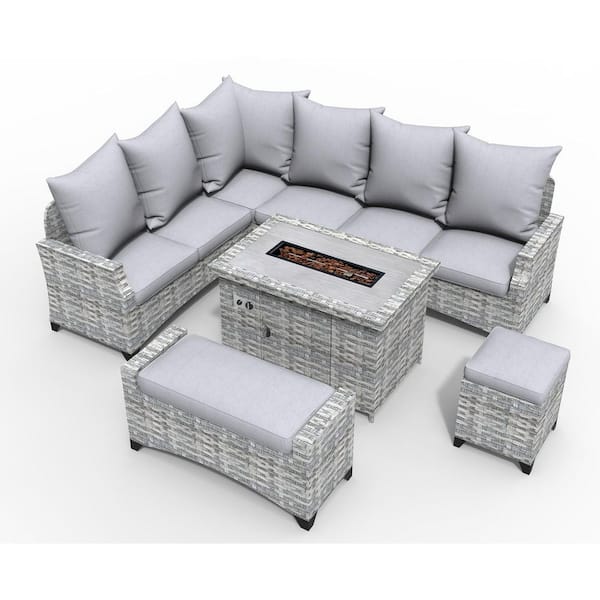 DIRECT WICKER Maxwell 5-Piece Gray Wicker Patio Conversation Set Outdoor Firepit Table with Gray Cushions