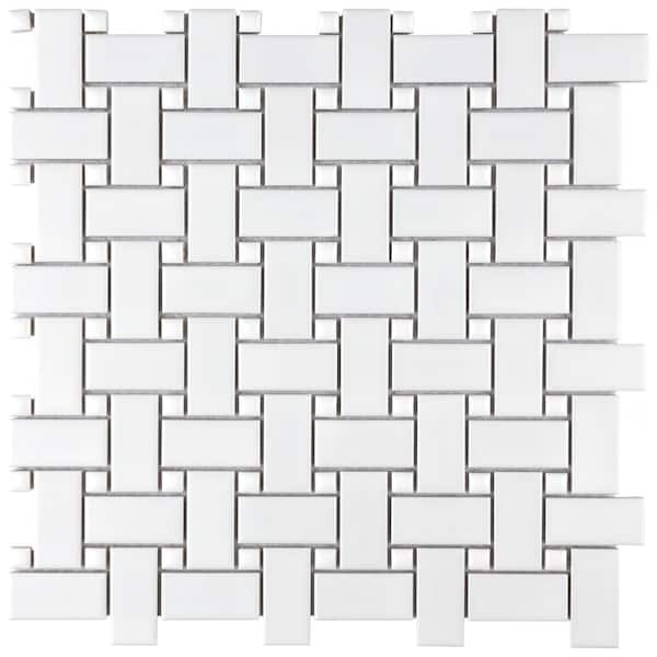 Merola Tile Metro Basketweave White with Glossy White Dot 11-3/4 in. x 11-3/4 in. Porcelain Mosaic Tile (9.8 sq. ft./Case)