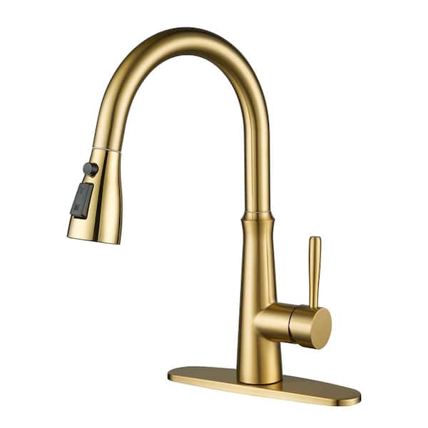 IVIGA Single Handle Stainless Steel Pull Down Sprayer Kitchen Faucet with 6-Spray Mode in Brushed Gold