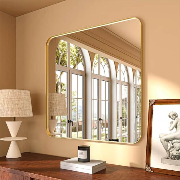 ORGANNICE 36 in. W x 36 in. H Rectangular Aluminum Framed Modern Gold Rounded Wall Mirror