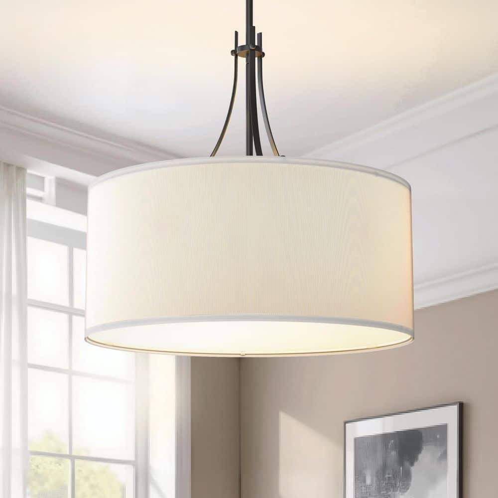 YANSUN 20 in. 5-Light Modern Black Drum Chandelier, Fabric Shade