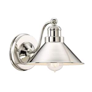 Welton 60-Watt 1-Light Polished Nickel Industrial Wall Sconce with Polished Nickel Shade, No Bulb Included
