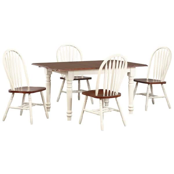 AndMakers Andrews 5-Piece Solid Wood Top White with Chestnut Brown Dining Table Set with Extendable Butterfly and Windsor Chairs