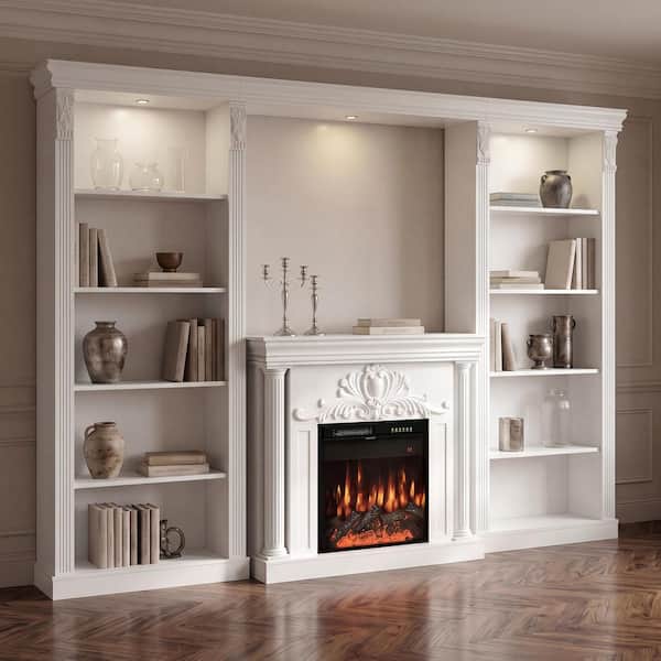 118 in. Freestanding Engineered Wood Smart Electric Fireplace TV Stand in White with 10-Shelves, Display Storage