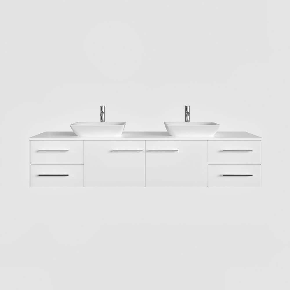 Wave 60" White Modern Double Sink Wall-Mount Bathroom Vanity