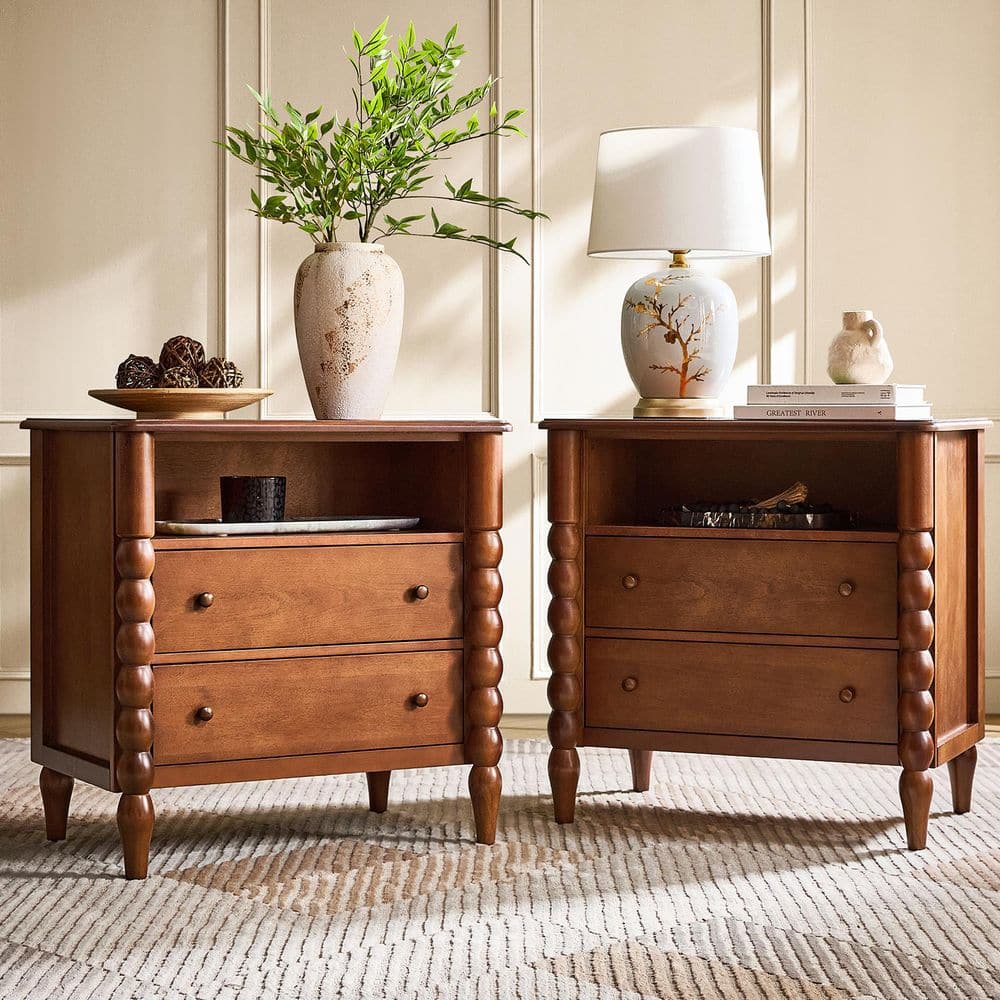 Feodo Brown 3-Drawer 28 in. W Nightstand with Built-In Charge Station (Set of 2)