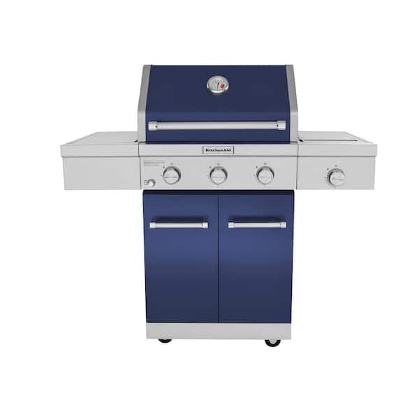 KitchenAid 3-Burner Propane Gas Grill in Blue with Ceramic Sear Side Burner