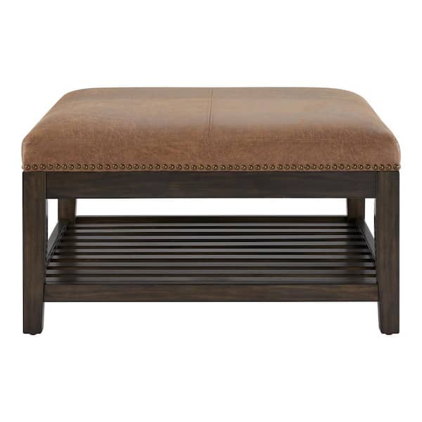Home Decorators Collection Hayesbrook Camel Brown Upholstered Square Ottoman with Nailhead Trim and Smoke Wood Accents (32" W)