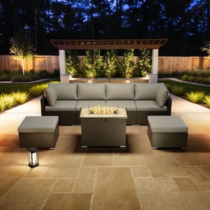 7-Piece Outdoor Wicker Patio Conversation Seating Set with Propane Fire Pit Table (Light Gray Cushion)