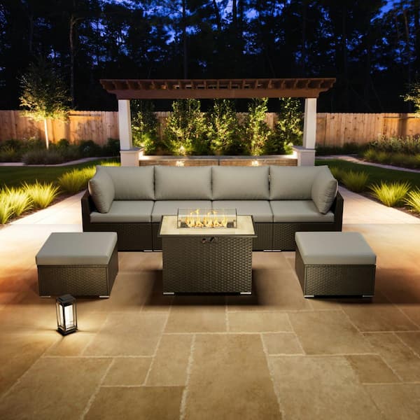 eVita 7-Piece Outdoor Wicker Patio Conversation Seating Set with Propane Fire Pit Table (Light Gray Cushion)
