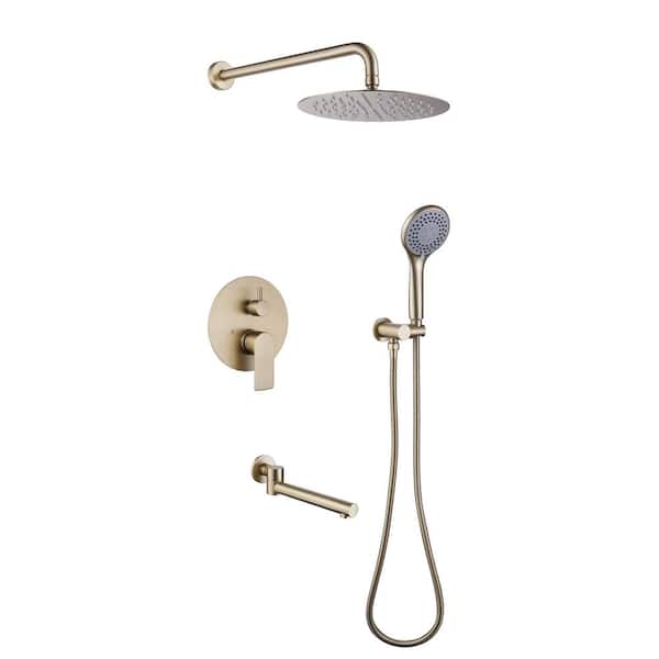 AIMADI Single Handle 3-Spray Wall Mount Tub and Shower Faucet 1.8 GPM Brass Rain Shower System in. Brushed Gold Valve Included
