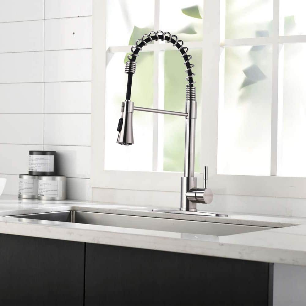 Single Handle Pull Down Sprayer Kitchen Faucet, Stainless Steel, Commercial