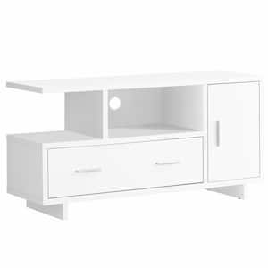 47 in. White Particle Board TV Stand with 1-Drawer Fits TVs Up to 47 in. with Storage Doors