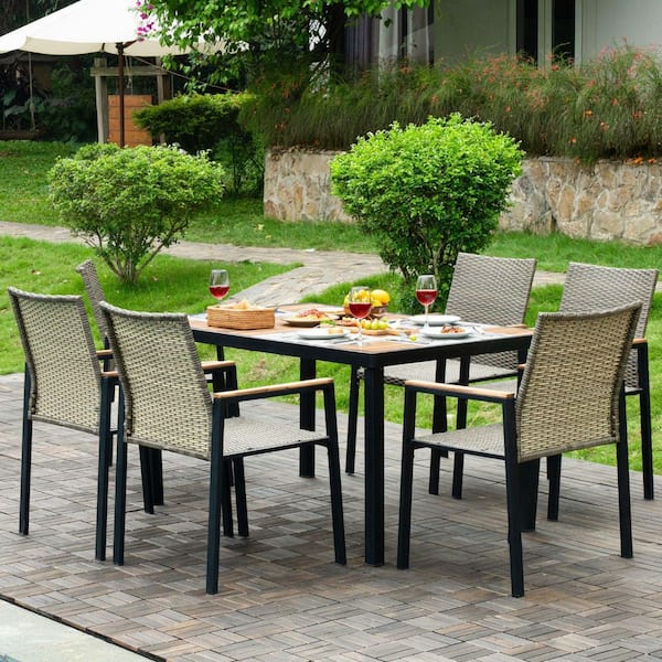 7-Piece Patio Dining Set, Acacia Wood Table & Umbrella Hole, Rattan Chairs, Brown Gray