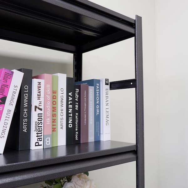 Unusual black metal shelves in the kitchen, open shelving