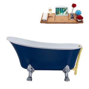 55 in. Acrylic Clawfoot Non-Whirlpool Bathtub in Matte Dark Blue With Polished Chrome Clawfeet And Brushed Gold Drain