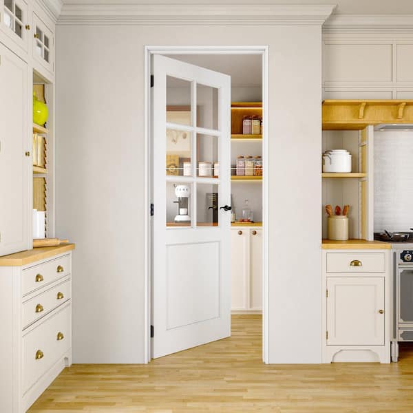 32 in. x 80 in. 6-Lite Clear Glass Left Handed White Solid Core MDF Door with Quick Assemble Jamb Kit