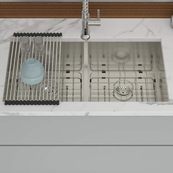 33 in. Undermount Double Bowl (50/50) 16 Gauge Brushed Nickel Stainless Steel Kitchen Sink with Bottom Grids