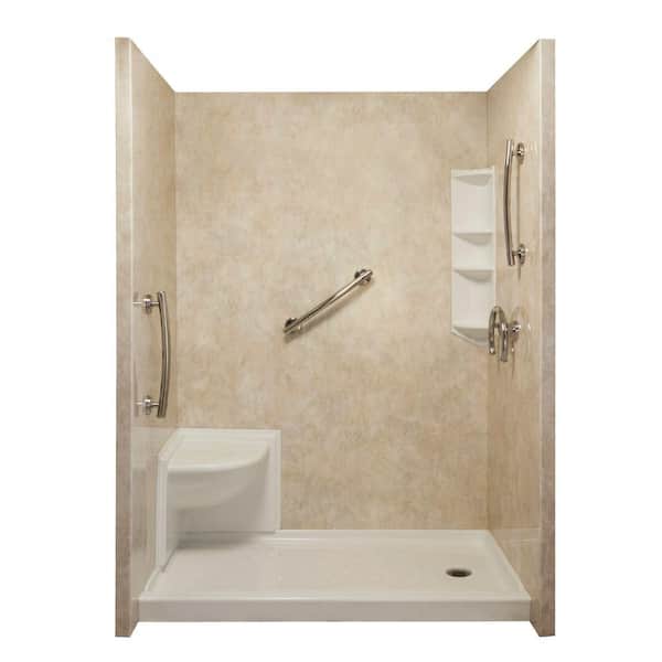 Ella Complete Freedom 40 in. x 65 in. x 98.5 in. 3-piece Easy Up Adhesive Shower Surround Package in Travertine