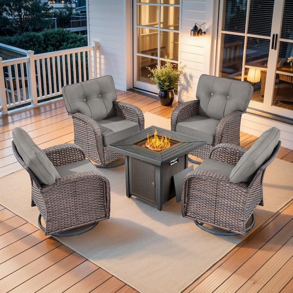 Tidalis Brown 5-Piece Wicker Outdoor Conversation Patio Fire Pit Set with 5 in. Gray Cushions and Swivel Glider Set
