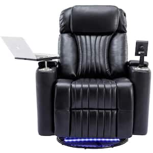 Black PU Faux Leather Power Swivel Recliner Chair with Hidden Arm Storage LED Lighting Tray Table Cup Holders USB Port